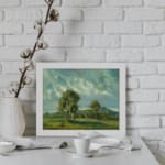 Vintage wall art of peaceful hills and soft clouds in natural green and blue tones. displayed on the wall