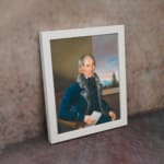 Vintage portrait wall art of an older man in a fur-trimmed coat holding a paper, with a window view and soft sky in the background. displayed on the wall
