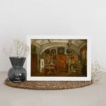 Vintage wall art of an ornate historic interior with chandeliers, framed portraits, and richly detailed furniture in warm earthy tones. displayed on the wall