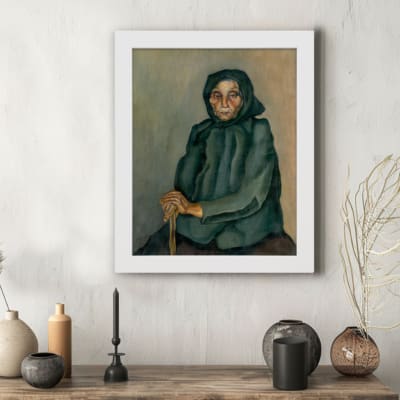 Vintage wall art featuring a seated elderly person with a serene expression muted green and brown tones and a black frame for a classic look. hung on the wall in a white frame