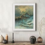 Vintage wall art of a snowy cottage on a hillside with bare trees, frozen stream, and soft blue tones in a peaceful winter scene. displayed on the wall