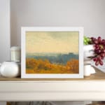 Vintage wall art of an autumn city view with golden trees, a hazy sky, and a soft, distant town skyline. displayed on the wall