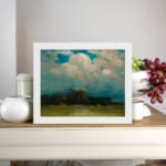 Vintage cloudscape wall art with soft pink, gray, and white clouds over a calm green landscape. displayed on the wall
