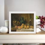 Infidu classic still life vintage wall art with peaches, jug, and candle on a wooden table, perfect for warm, rustic dining room decor. displayed on the wall