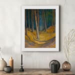 Infidu vintage wall art showing a serene forest path with tall trees and earthy colors. displayed on the wall