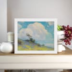 Infidu vintage wall art with blue sky, fluffy white cloud, green hill, and small trees in a peaceful outdoor landscape. displayed on the wall