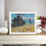 Vintage mountain landscape wall art with trees, flowers, and pastel colors creates a serene, calming atmosphere. displayed on the wall