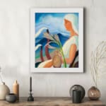 Vintage art of a woman with a flower and clay pot, set against a peaceful sky and mountains. displayed on the wall