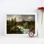 Vintage river flowing through a dense forest, with green trees and soft blue sky, framed in white. displayed on the wall