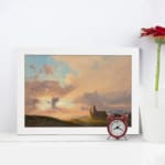 Vintage sunset countryside scene with soft colors, a small building on a green hill, and glowing rays of sunlight. displayed on the wall