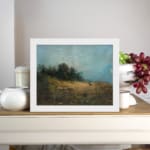 Serene vintage art of a deer in a peaceful nature landscape with soft browns, greens, and a misty atmosphere. displayed on the wall