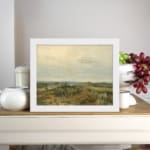 Infidu vintage wall art featuring peaceful countryside river, fields, and trees in soft green, brown, and beige tones. displayed on the wall