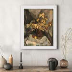 Infidu vintage wall art showing a brown vase with yellow leaves and fruits in warm, earthy tones. displayed on the wall