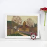 Vintage countryside autumn scene wall art with houses, colorful trees, and soft natural colors in a serene, peaceful setting. displayed on the wall