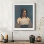 Infidu Vintage Portrait Wall Art of a Thoughtful Woman with soft beige and grey tones, featuring a calm expression and simple background. displayed on the wall