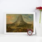 Infidu Vintage Spiral Tower and Dreamy Landscape Wall Art showing a spiral tower with small buildings, soft colors, and a dreamy sky. displayed on the wall