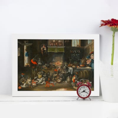 Vintage wall art showing an indoor scene with lively characters, warm colors, and rustic elements like wooden beams and a fireplace. hung on the wall in a white frame