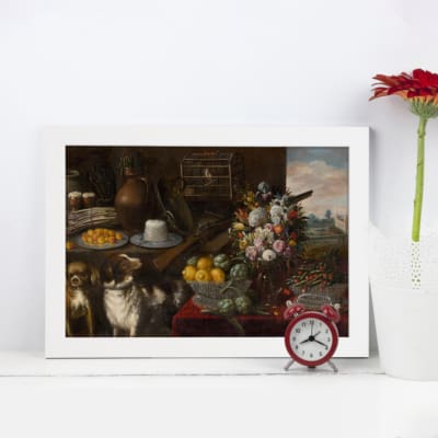 Vintage wall art featuring a still-life arrangement of fruits, flowers, and two dogs against a rustic background. displayed on the wall in a white frame