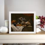 Infidu Vintage Still Life with Fruits and Animals Wall Art, showcasing a table with fruits, birds, and a rabbit, framed in dark tones. displayed on the wall