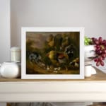 Vintage wall art of a farmyard scene with chickens, chicks, and a dog in earthy tones, evoking a cozy, rustic feel. displayed on the wall