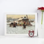 Vintage wall art of a snowy village with people at a small market, surrounded by wooden houses and a cloudy sky. displayed on the wall