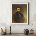 Vintage portrait wall art of a bearded man in a formal navy uniform with gold shoulder details and a smoky brown-gold background. displayed on the wall