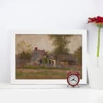 Vintage countryside wall art with rustic houses, tall trees, and soft earthy tones under a cloudy sky. displayed on the wall
