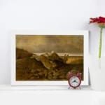 Vintage wall art of a fallen tree on a rocky hillside with earthy tones and a soft sky. displayed on the wall