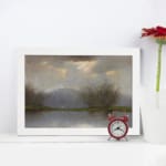 Vintage reflective landscape wall art with soft grays, blues, and greens, showing water reflections, bare trees, and low hills. displayed on the wall