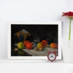 Infidu Classic Still-Life Fruit and Drink Vintage Wall Art with apples, oranges, grapes, and a clear glass on a dark background. displayed on the wall