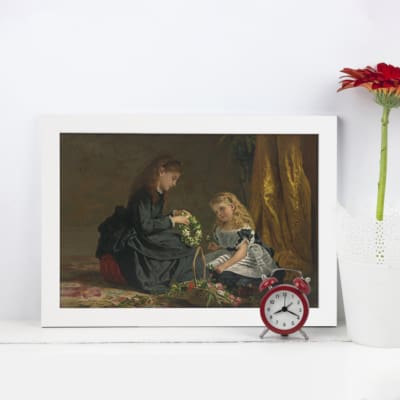 Vintage wall art of two girls arranging flowers in a basket with dark tones and a golden backdrop, capturing a serene and timeless moment. displayed on the wall in a white frame