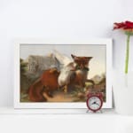 Vintage wall art of a red fox holding a bird in its mouth, set in a mountain landscape with rocky terrain and a pale blue sky. displayed on the wall