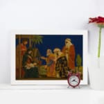 Vintage Nativity wall art showing Three Wise Men visiting baby Jesus under a dark blue sky with warm, rich colors and classic details. displayed on the wall