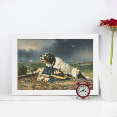 Dog in denim clothing lying outdoors under a dramatic dark sky, featured in vintage wall art with shades of blue and gray. displayed on the wall in a white frame