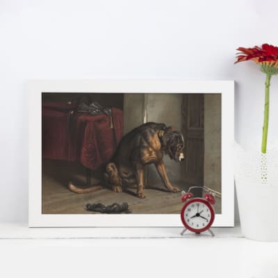 Brown dog in an indoor setting with muted tones, vintage wall art. displayed on the wall in a white frame