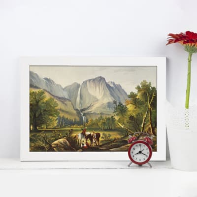 Vintage wall art depicting a peaceful pastoral mountain landscape with cattle grazing, showcasing vibrant greens and earthy tones. displayed on the wall in a white frame