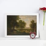 Vintage wall art of peaceful countryside with trees, river, and cattle displayed on the wall