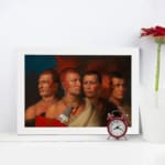 Vintage portrait of five Native American men in traditional attire, highlighting their cultural richness and detailed accessories. displayed on the wall