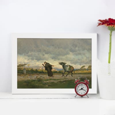 Vintage wall art of a farmer and camel in a lush countryside setting with earthy tones and a cloudy sky. Perfect for rustic and vintage decor. displayed on the wall in a white frame