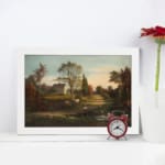 Infidu vintage wall art features a serene countryside scene with a charming house, tall trees, and a soft blue sky. displayed on the wall art in a white frame