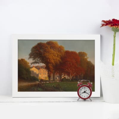 Serene autumn landscape vintage wall art with colorful foliage and a peaceful natural setting. Perfect for cozy home decor.