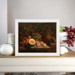 Classic still life vintage wall art with fruits and a rustic jug, showcasing rich warm colors and cozy, antique appeal. displayed on the wall