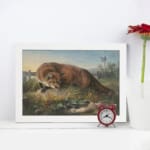 Vintage wall art of a fox crouched over a rabbit in a grassy countryside field with natural earthy tones and peaceful rural background. displayed on the wall