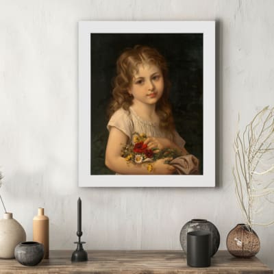 Vintage wall art of a young girl holding a bouquet of flowers in pastel tones with a dark background for a classic and elegant feel. hung on the wall in a white frame