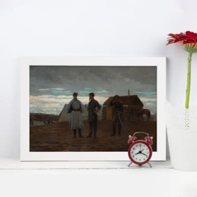 Vintage wall art featuring a serene rural scene with three individuals in traditional clothing, earthy tones, and a rustic countryside background. displayed on the wall in a white frame