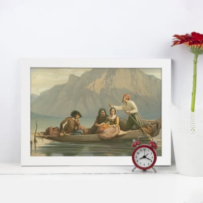 Vintage wall art featuring a peaceful boat scene with mountain views in soft blue, green, and earthy tones. Ideal for timeless decor. displayed on the wall in a white frame