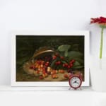 Vintage still life of cherries spilling from a basket, featuring vibrant red, orange, and yellow fruit with deep green leaves. displayed on the wall