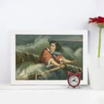 Infidu vintage wall art featuring a woman in period attire on a small boat amidst stormy seas with dramatic waves and a cloudy sky. displayed on the wall art in a white frame