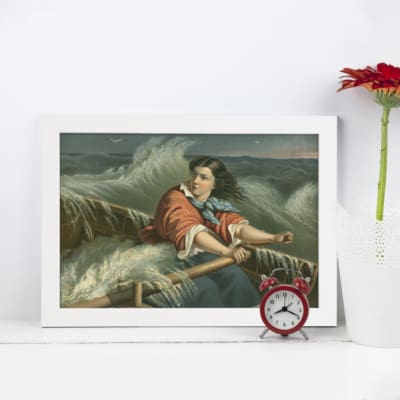 Infidu vintage wall art featuring a woman in period attire on a small boat amidst stormy seas with dramatic waves and a cloudy sky. displayed on the wall art in a white frame