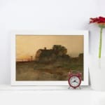 Vintage farmhouse wall art at sunset with warm tones and rustic countryside charm. displayed on the wall